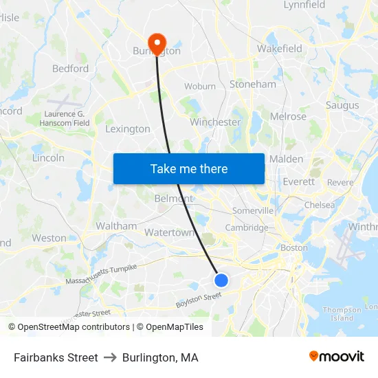Fairbanks Street to Burlington, MA map