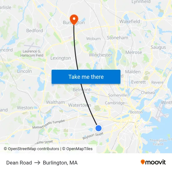 Dean Road to Burlington, MA map