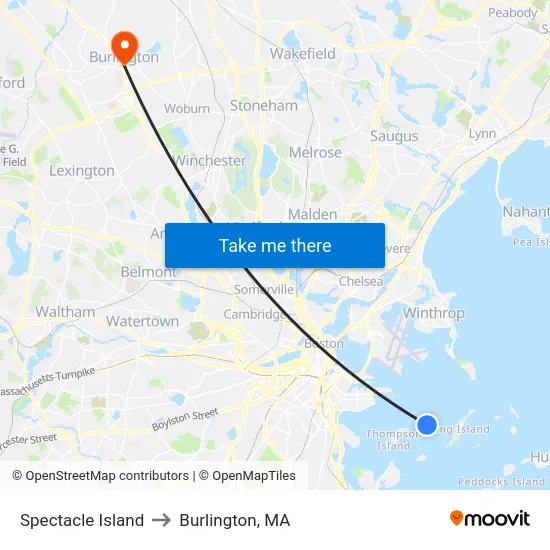 Spectacle Island to Burlington, MA map