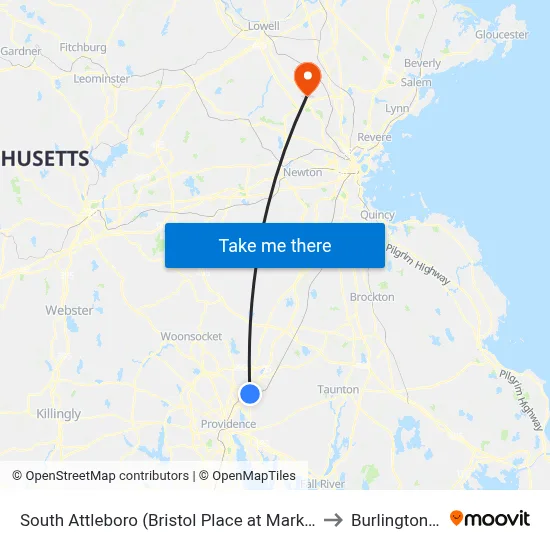 South Attleboro (Bristol Place at Market Basket) to Burlington, MA map