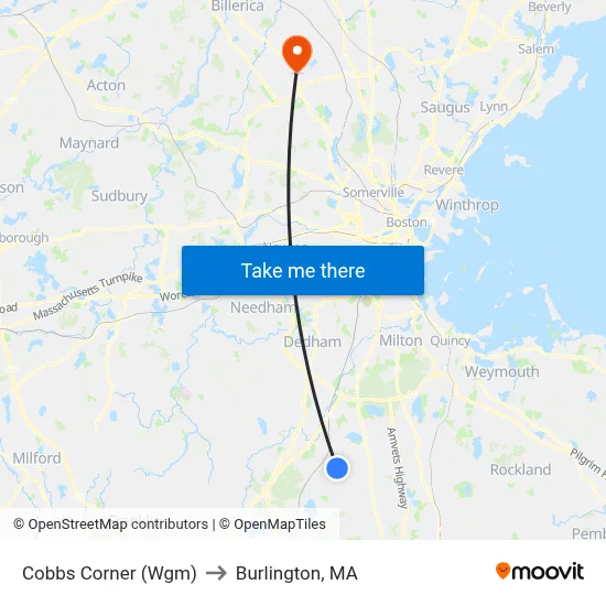 Cobbs Corner (Wgm) to Burlington, MA map