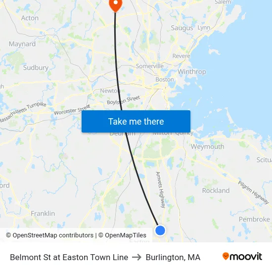 Belmont St at Easton Town Line to Burlington, MA map