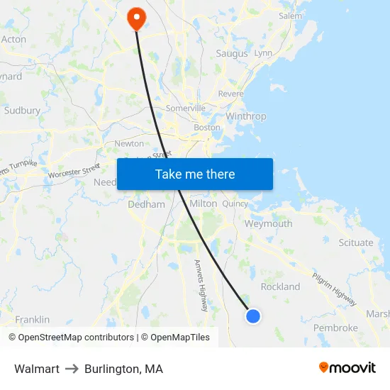 Walmart to Burlington, MA map