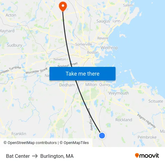 Bat Center to Burlington, MA map