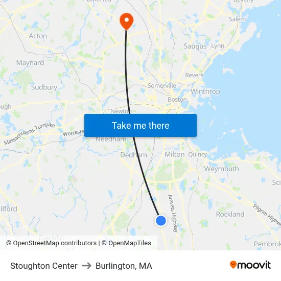Stoughton Center to Burlington, MA map