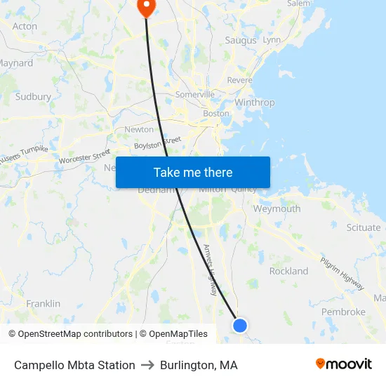Campello Mbta Station to Burlington, MA map
