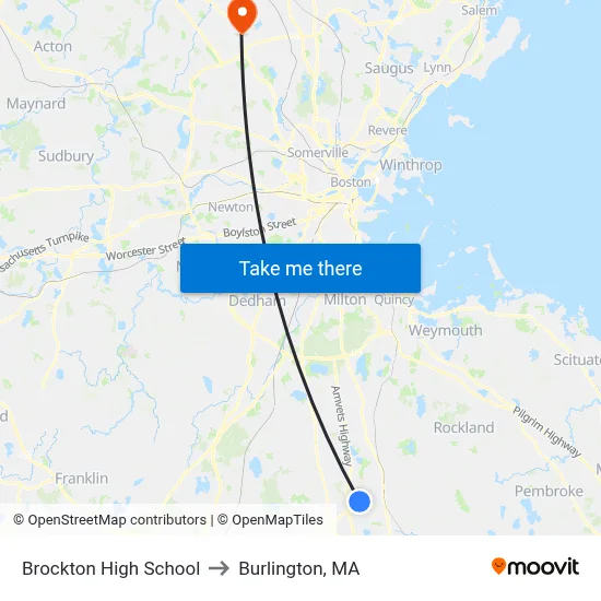 Brockton High School to Burlington, MA map