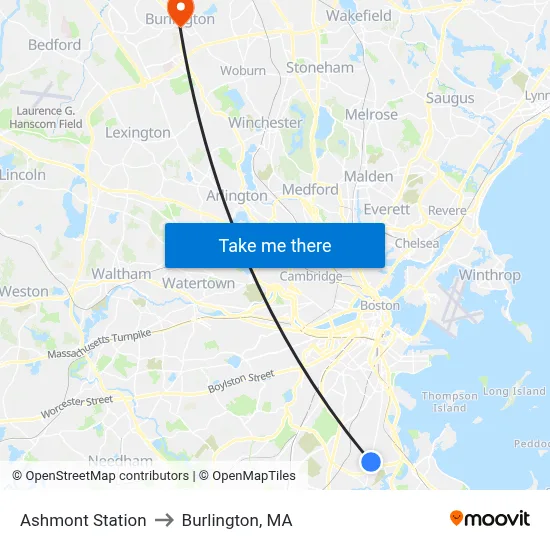 Ashmont Station to Burlington, MA map