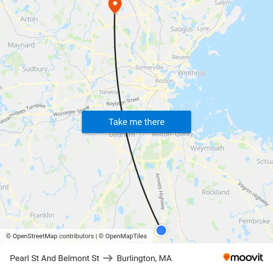 Pearl St And Belmont St to Burlington, MA map