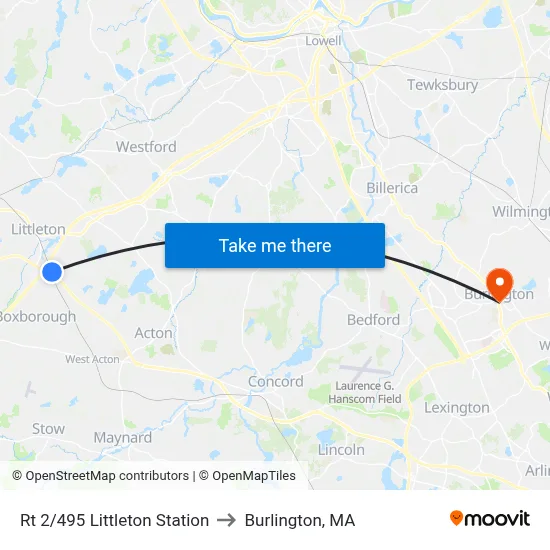 Rt 2/495 Littleton Station to Burlington, MA map
