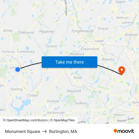 Monument Square to Burlington, MA map