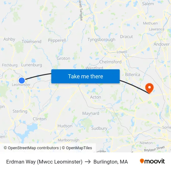Erdman Way (Mwcc Leominster) to Burlington, MA map