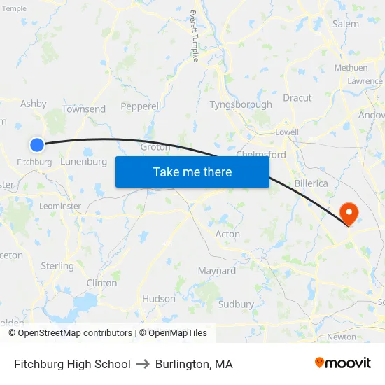 Fitchburg High School to Burlington, MA map