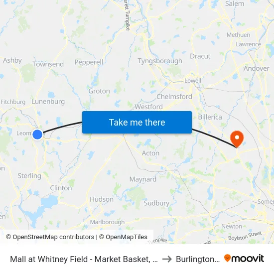 Mall at Whitney Field - Market Basket, Leominster to Burlington, MA map