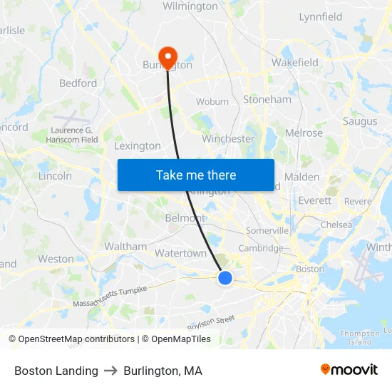 Boston Landing to Burlington, MA map