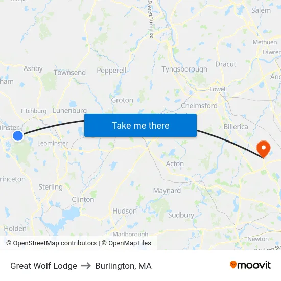 Great Wolf Lodge to Burlington, MA map