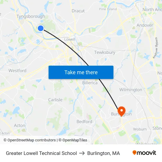 Greater Lowell Technical School to Burlington, MA map