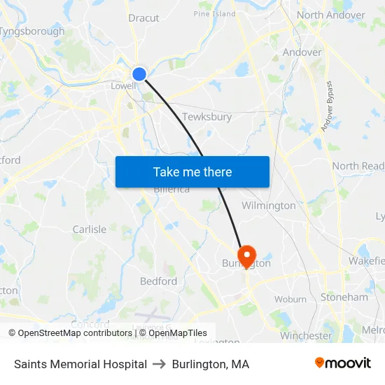 Saints Memorial Hospital to Burlington, MA map
