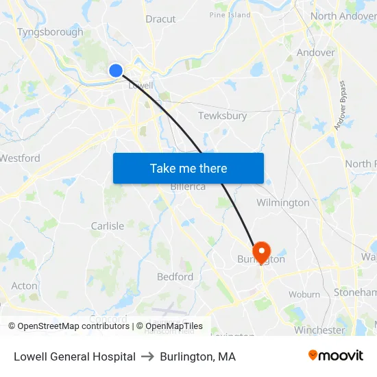 Lowell General Hospital to Burlington, MA map