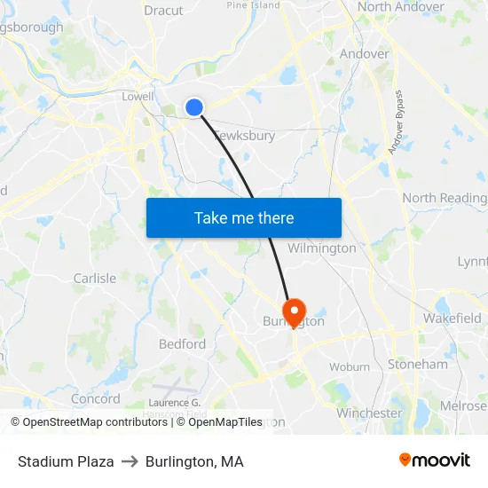 Stadium Plaza to Burlington, MA map