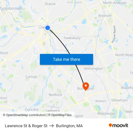 Lawrence St & Roger St to Burlington, MA map