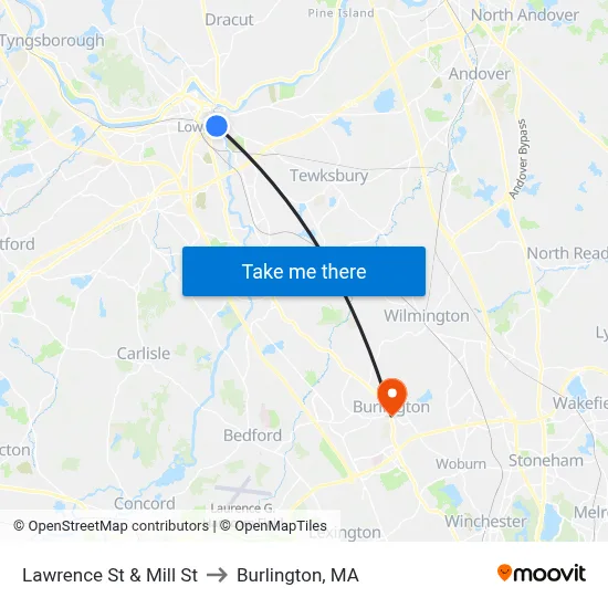 Lawrence St & Mill St to Burlington, MA map
