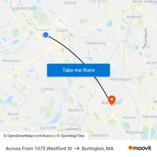 Across From 1075 Westford St to Burlington, MA map