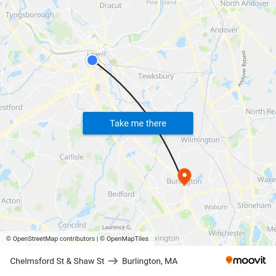 Chelmsford St & Shaw St to Burlington, MA map
