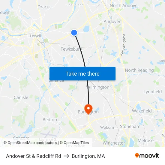 Andover St & Radcliff Rd to Burlington, MA map