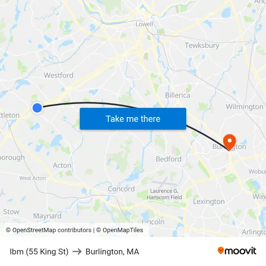 Ibm (55 King St) to Burlington, MA map