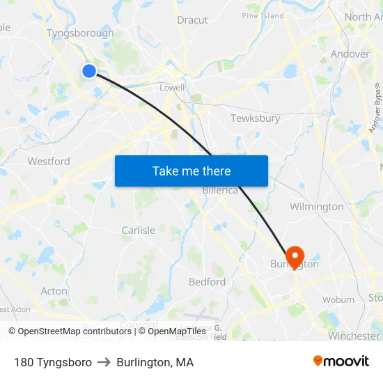 180 Tyngsboro to Burlington, MA map