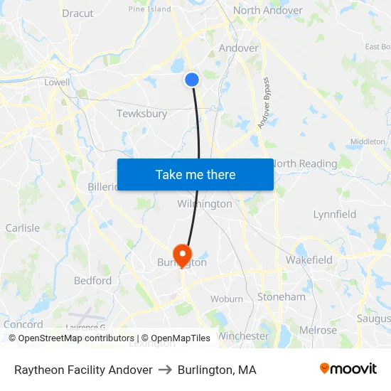 Raytheon Facility Andover to Burlington, MA map