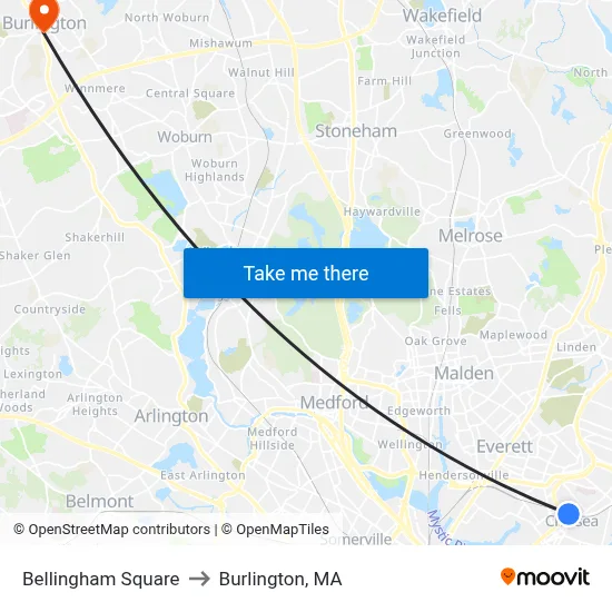 Bellingham Square to Burlington, MA map