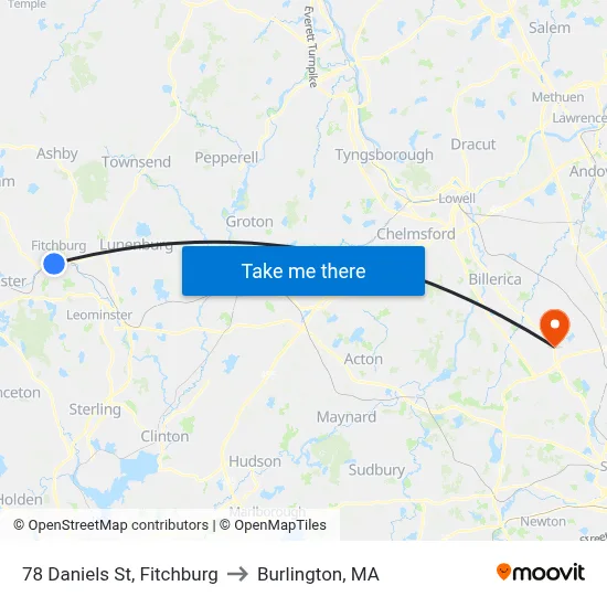 78 Daniels St, Fitchburg to Burlington, MA map
