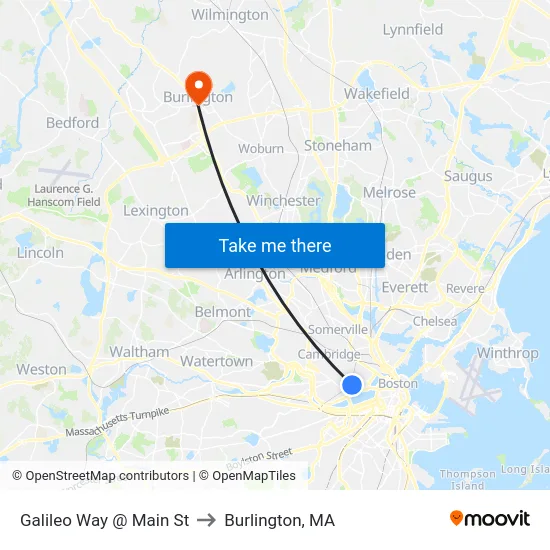 Galileo Way @ Main St to Burlington, MA map