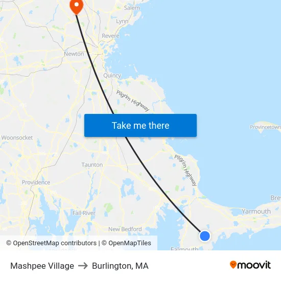 Mashpee Village to Burlington, MA map