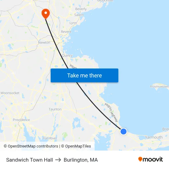 Sandwich Town Hall to Burlington, MA map