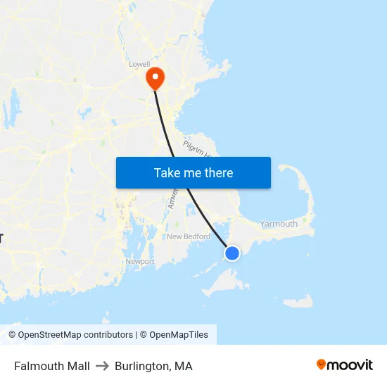Falmouth Mall to Burlington, MA map