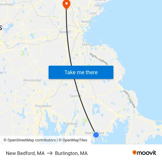New Bedford, MA to Burlington, MA map