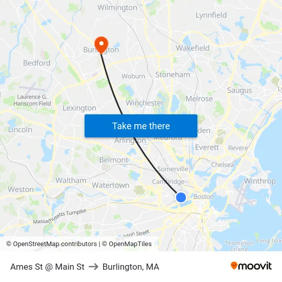 Ames St @ Main St to Burlington, MA map