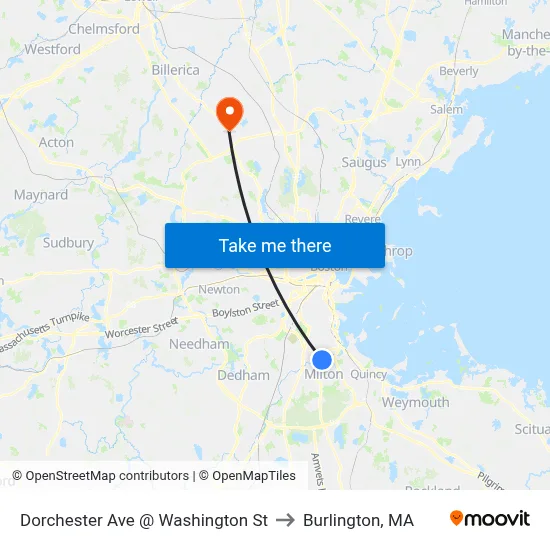 Dorchester Ave @ Washington St to Burlington, MA map