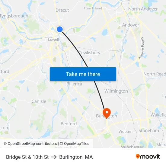 Bridge St & 10th St to Burlington, MA map