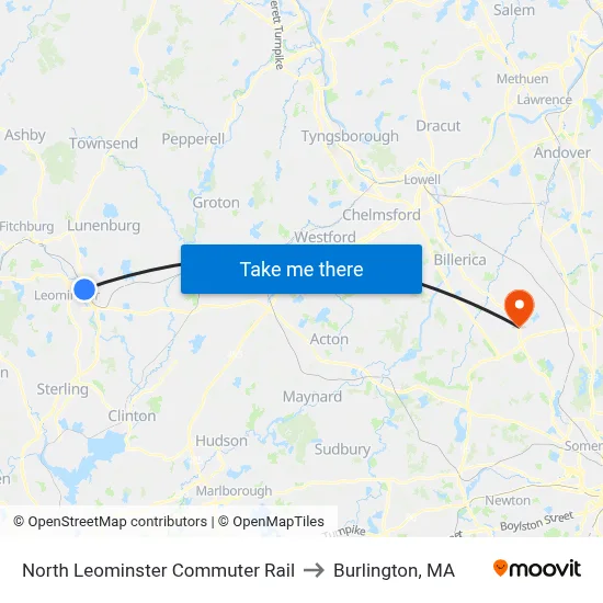 North Leominster Commuter Rail to Burlington, MA map