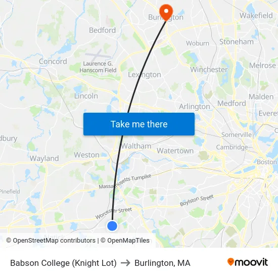 Babson College (Knight Lot) to Burlington, MA map