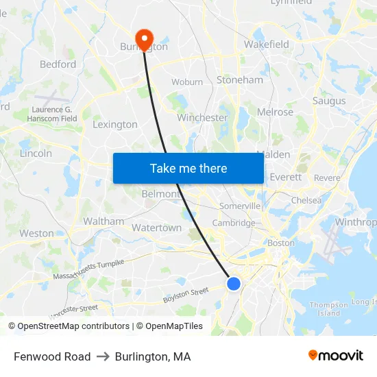 Fenwood Road to Burlington, MA map