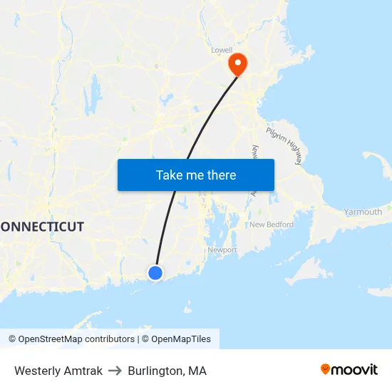 Westerly Amtrak to Burlington, MA map