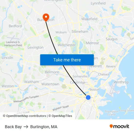 Back Bay to Burlington, MA map