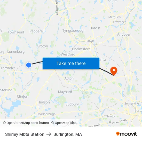 Shirley Mbta Station to Burlington, MA map