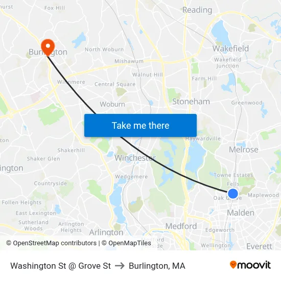 Washington St @ Grove St to Burlington, MA map