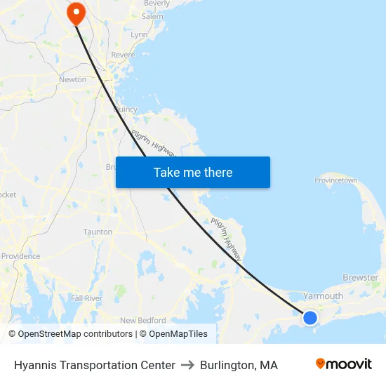 Hyannis Transportation Center to Burlington, MA map
